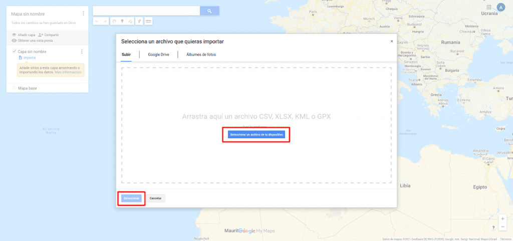 Google Maps, Tus Sitios, seleccionar archivo GPX