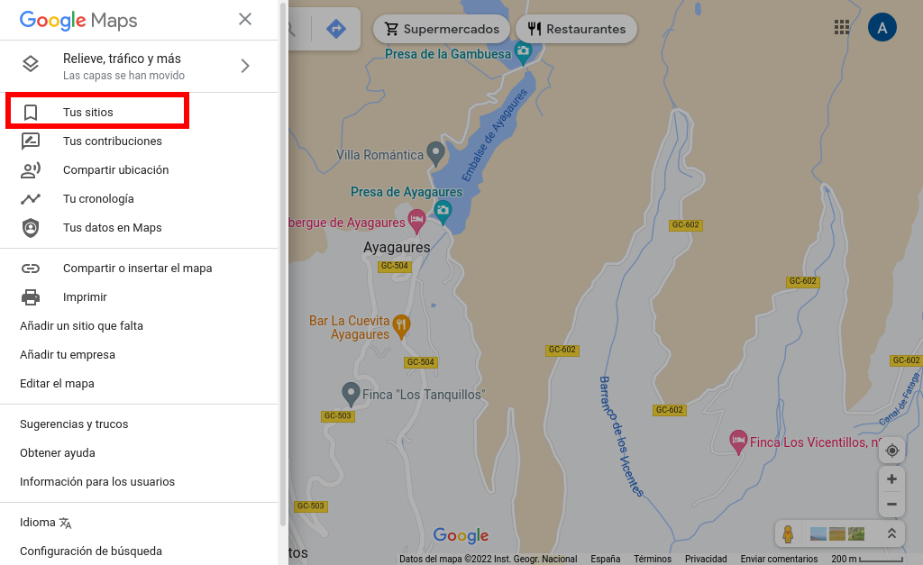 Crear ruta en Google Maps, paso 2, tus sitios