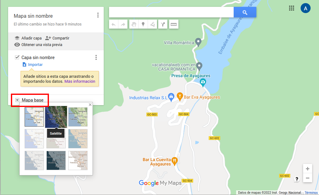 Crear ruta en Google Maps, paso 7, vista de satélite