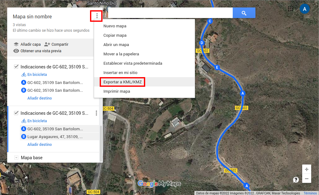 Crear ruta en Google Maps, paso 9, exportar ruta